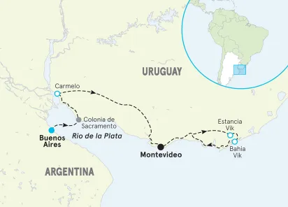 Uruguay's Wine Country to the Ocean Easygoing Bike Tour map