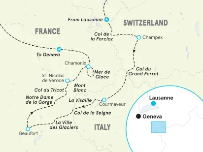 France, Italy, Switzerland Tour de Mont Blanc Hiking and Walking Tour map