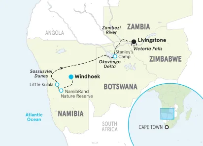 Namibia, Botswana & Zambia Active Safari Tour map