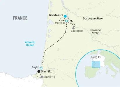 Bordeaux to Biarritz Family Multi-Adventure Tour Map