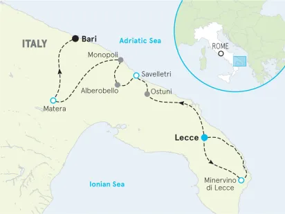 Puglia's Salento to Matera Bike Tour Map