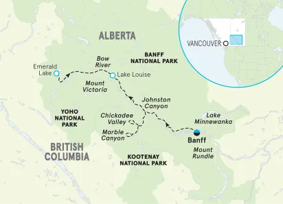 Canadian Rockies Banff to Lake Louise Family Snow Adventure Tour map