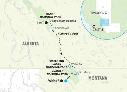 Glacier, Waterton & Banff Multi-Adventure Tour Map