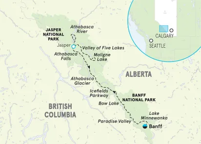 Banff to Jasper Family Multi-Adventure Tour Map