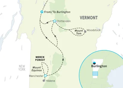 Map of a hiking and walking route that starts in Burlington Vermont, goes through the Merck Forest and Mount Equinox to Manchester, and loops back around to Chittenden stopping in Woodstock and Mount Tom.